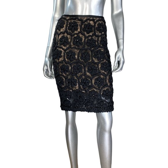 Catherine Malandrino Black Crochet Beaded Lace Floral Pencil Skirt 2 - Picture 5 of 11
